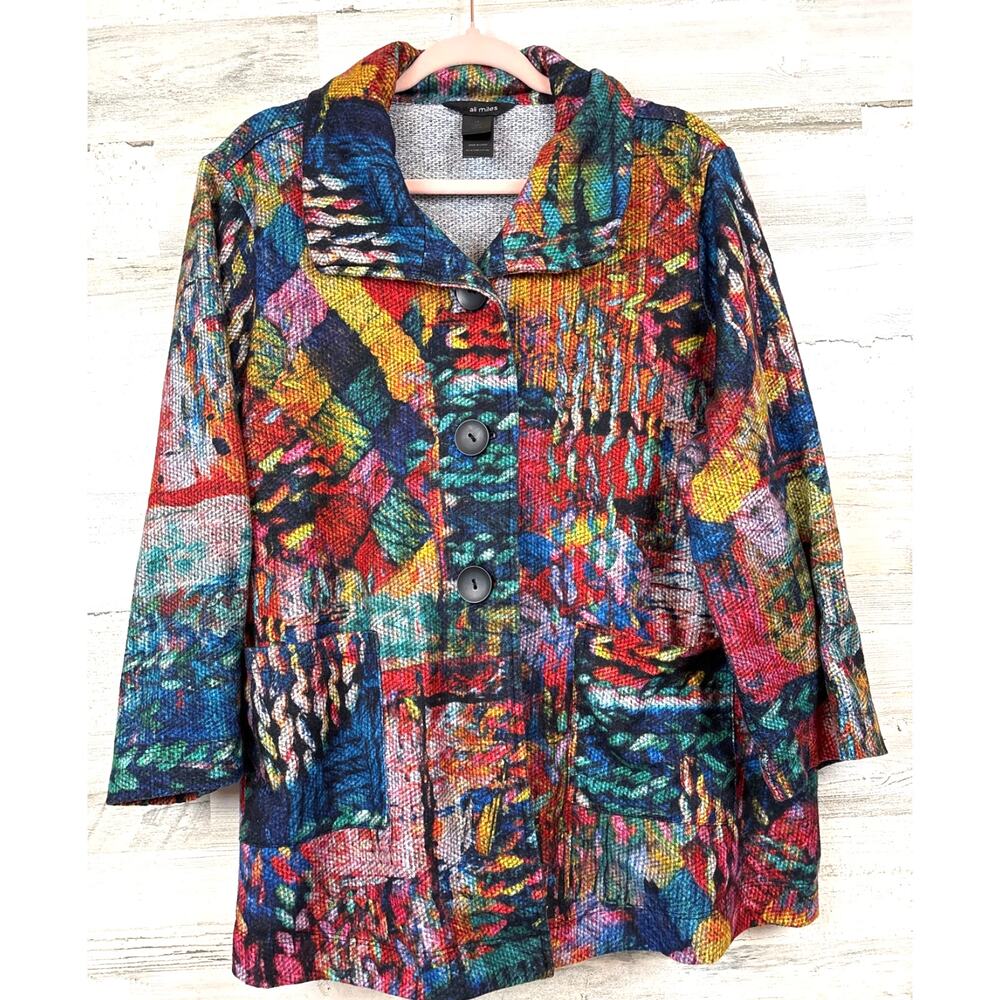 Ali Miles Vibrant Artistic Button Up Top Womens 1X Plus Casual Multi Blouse